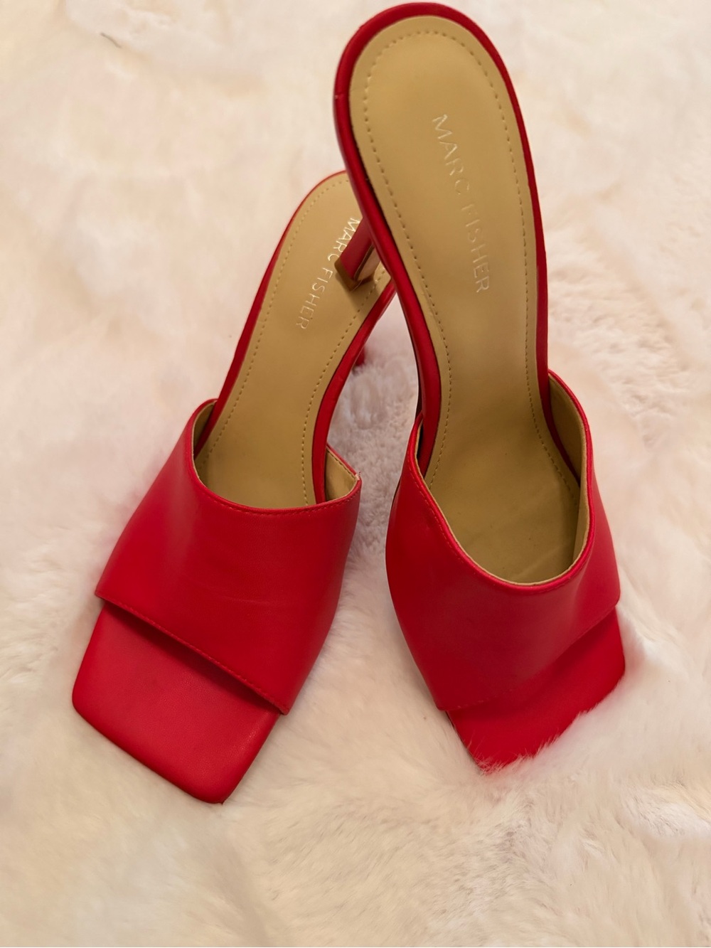 Marc Fisher Red Leather Square-Toe Mule Heels